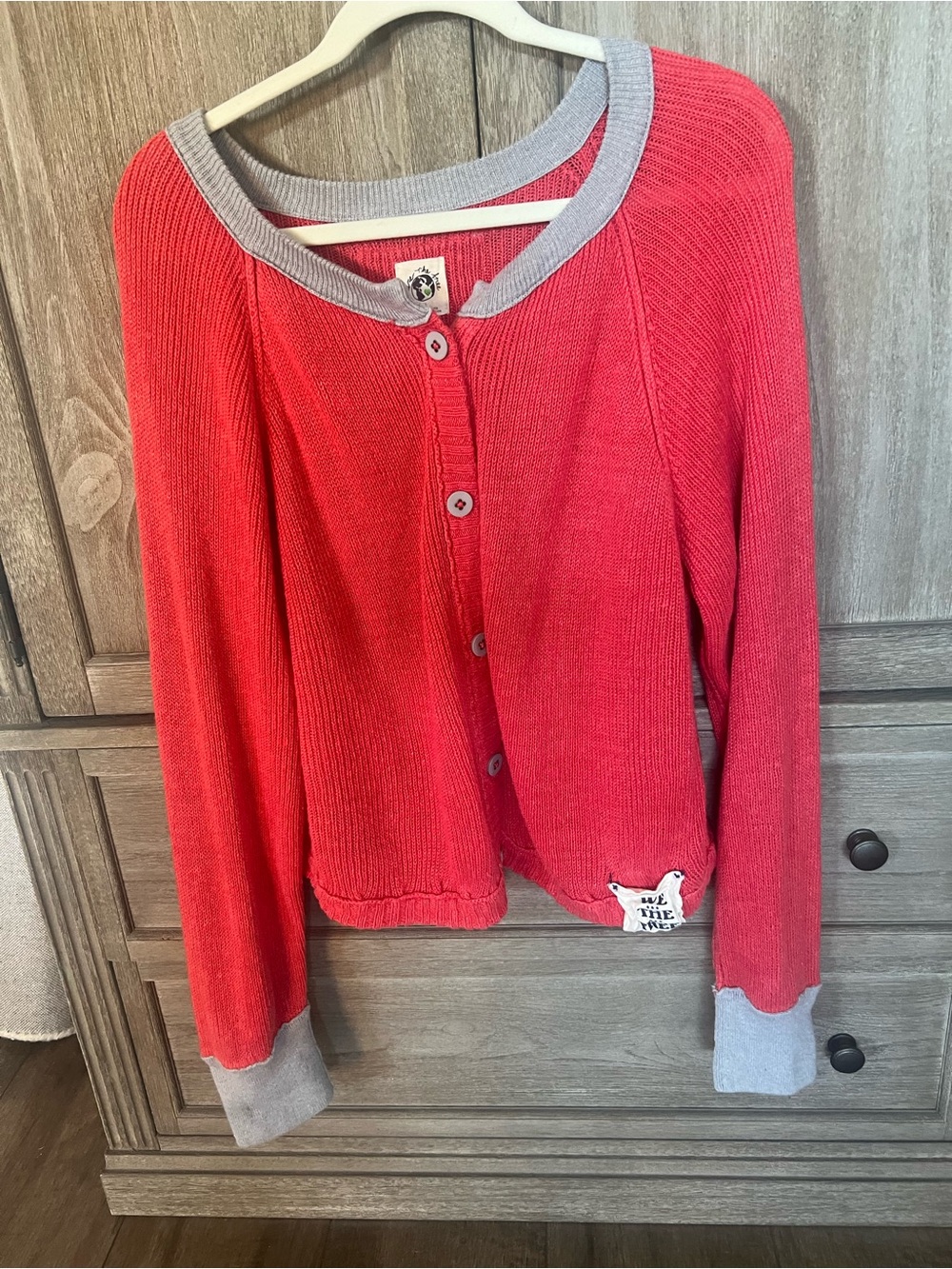 Free People Coral Red Button-Up Cardigan with Gray Trim